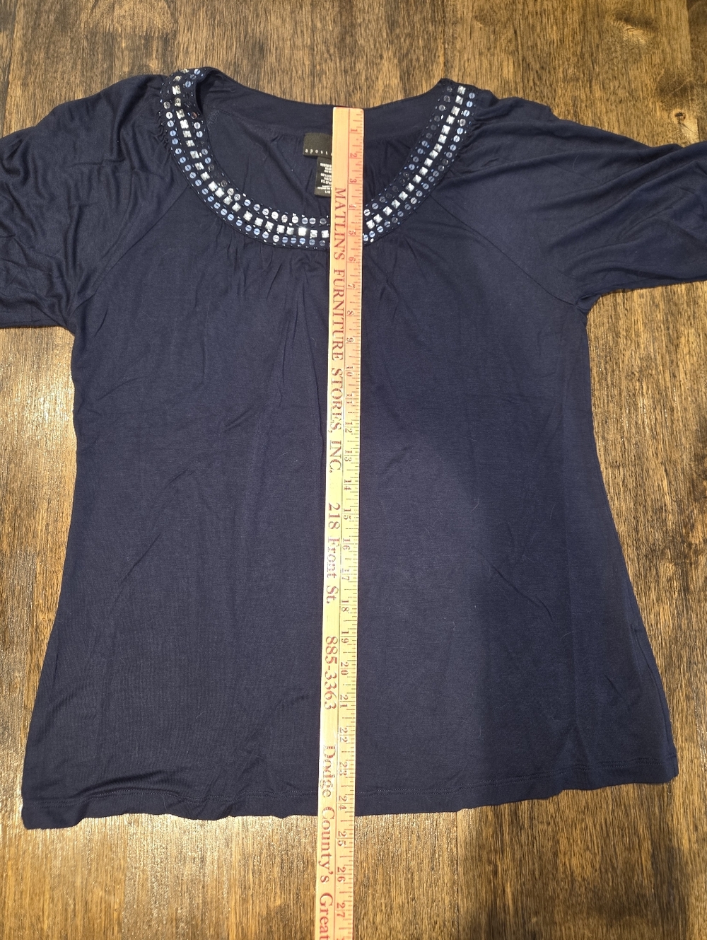 Apostrophe Navy Scoop Neck Short Sleeve Top with Sequin Trim - Picture 8 of 8